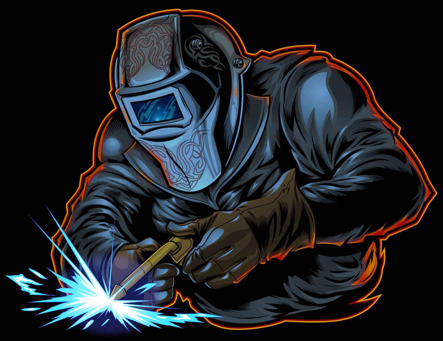 Cartoon drawing of a welder with blue light shining from the welding torch